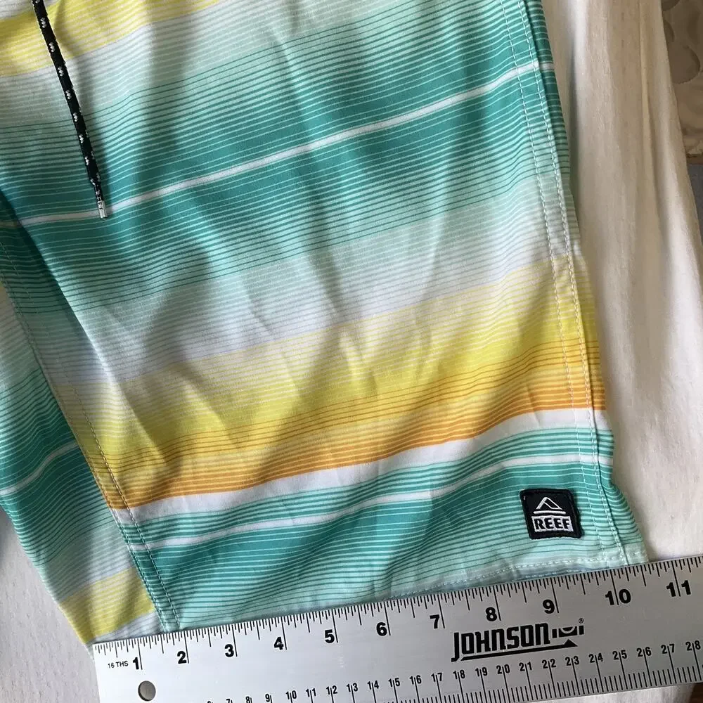 Reef Men Swimwear 32 Turquoise Board Shorts Striped Surf Shorts Logo Lined 10”